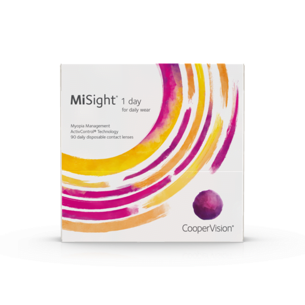 Misight® 1 day box facing from the front. Hints of orange and purple painted swooshes mixed with a cooper vision logo and the misight 1 day box. They come in 90 contacts and are used daily.