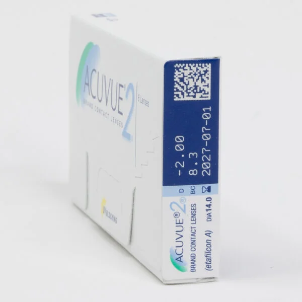 Acuvue 2 6 pack contact lenses, box side view with prescription information.