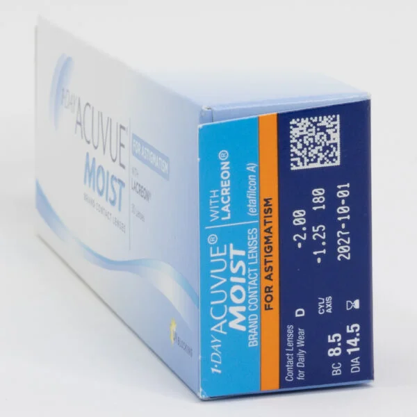 Acuvue moist 30 pack contact lenses, toric lenses for astigmatism. Box side view with prescription information.