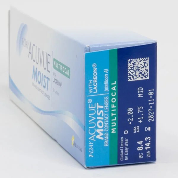 Acuvue moist 30 pack contact lenses, multifocal lenses for presbyopia. Box side view with prescription information.