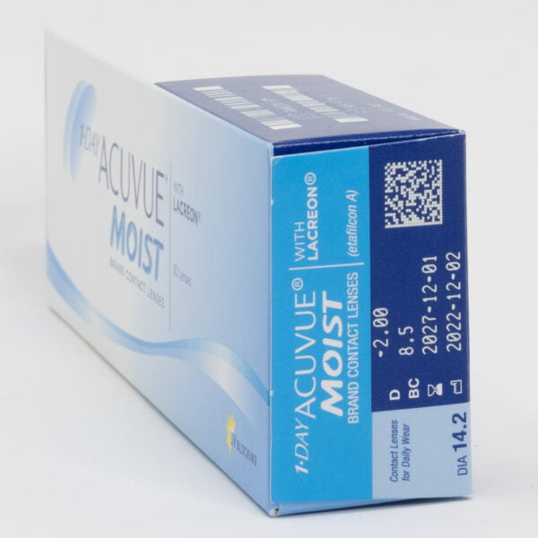 Acuvue moist 30 pack contact lenses, standard sphere power for hyperopia and myopia. Box side view with prescription information.