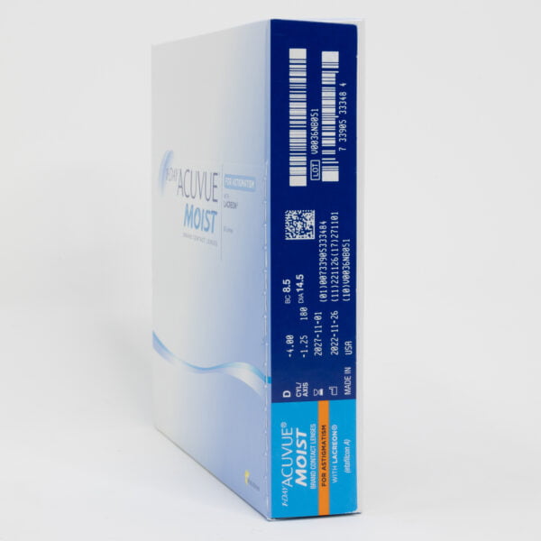Acuvue moist 90 pack contact lenses, toric lenses for astigmatism. Box side view with prescription information.