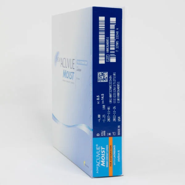 Acuvue moist 90 pack contact lenses, toric lenses for astigmatism. Box side view with prescription information.