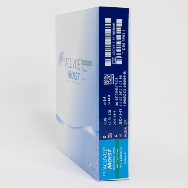 Acuvue moist 90 pack contact lenses, multifocal lenses for presbyopia. Box side view with prescription information.
