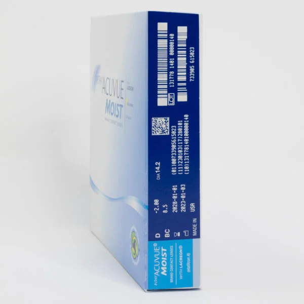 Acuvue moist 90 pack contact lenses, standard sphere power for hyperopia and myopia. Box side view with prescription information.