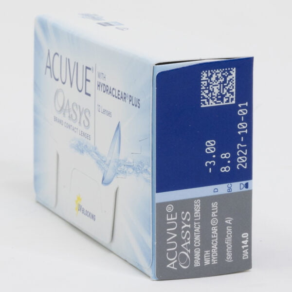 Acuvue oasys 12 pack contact lenses, box side view with prescription information.