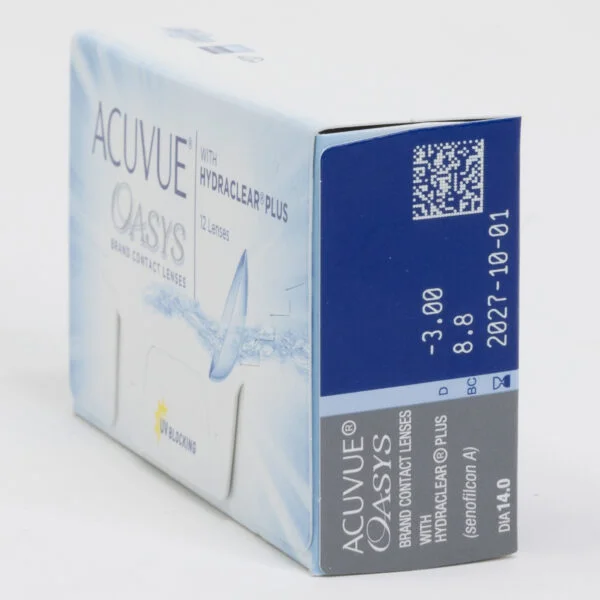 Acuvue Oasys 12 pack contact lenses, Box side view with prescription information.