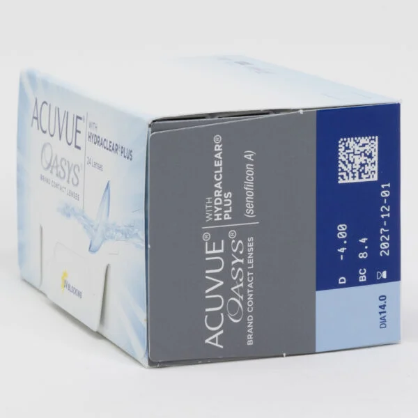 Acuvue oasys 24 pack contact lenses, box side view with prescription information.