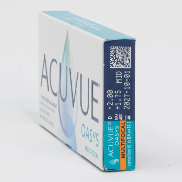 Acuvue oasys 2 week replacement 6 pack contact lenses, multifocal lenses for presbyopia. Box side view with prescription information.