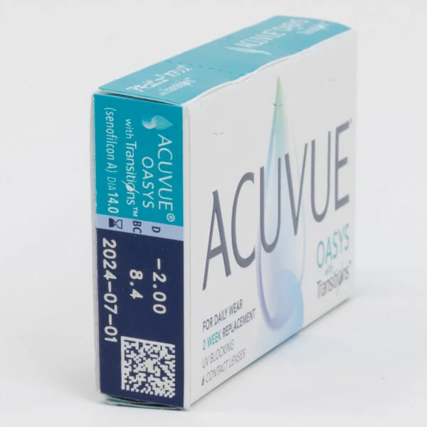 Acuvue oasys 2 week replacement 6 pack contact lenses, standard sphere power for hyperopia and myopia. Box side view with prescription information.