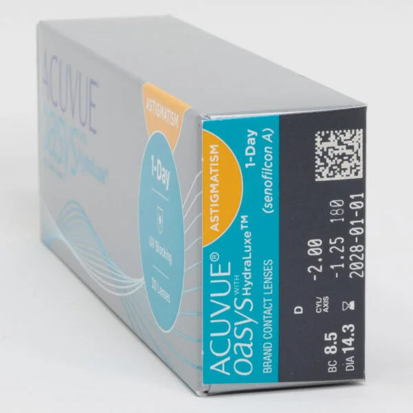 Acuvue oasys 30 pack contact lenses, toric lenses for astigmatism. Box side view with prescription information.