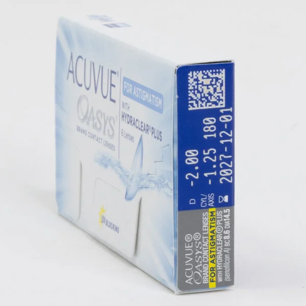 Acuvue oasys 6 pack contact lenses, toric lenses for astigmatism. Box side view with prescription information.