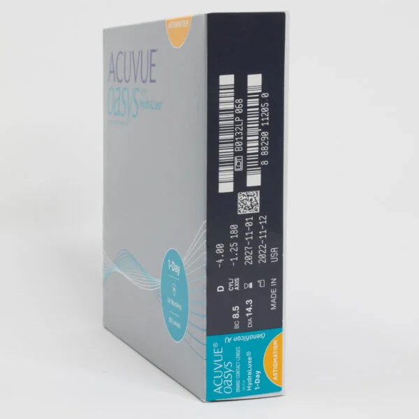 Acuvue oasys 90 pack contact lenses, toric lenses for astigmatism. Box side view with prescription information.