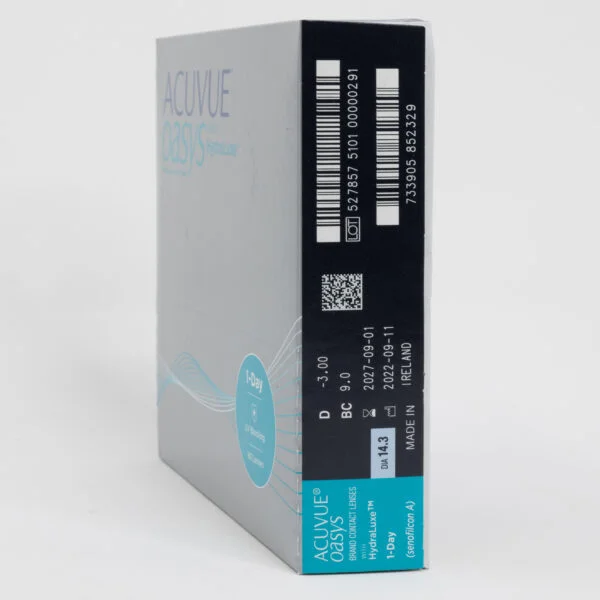 Acuvue oasys 90 pack contact lenses, box side view with prescription information.