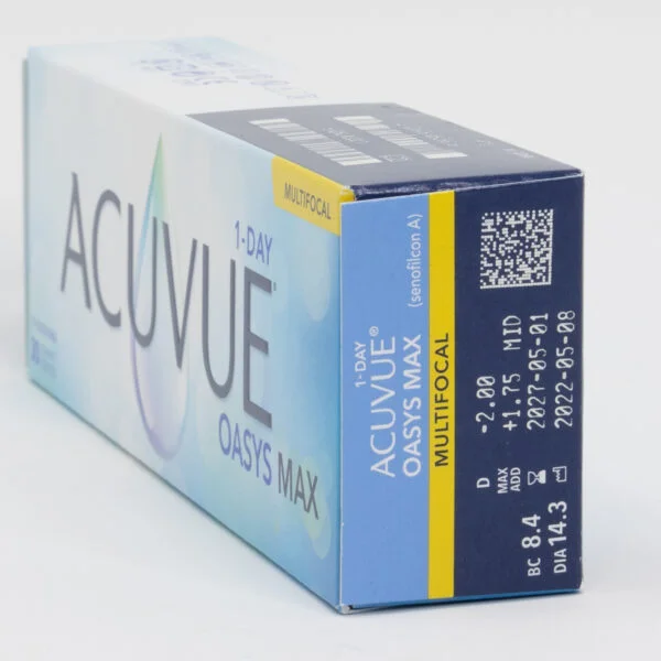 Acuvue oasysmax 30 pack contact lenses, multifocal lenses for presbyopia. Box side view with prescription information.