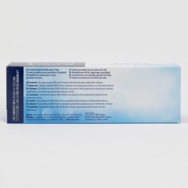 Acuvue oasysmax 30 pack contact lenses, standard sphere power for hyperopia and myopia. Box back view with lens instructions and product information.