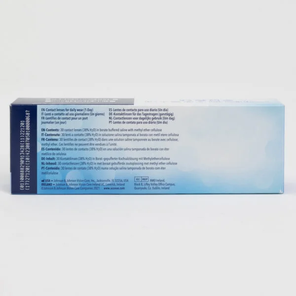 Acuvue OasysMax 30 pack contact lenses, standard sphere power for hyperopia and myopia. Box back view with lens instructions and product information.