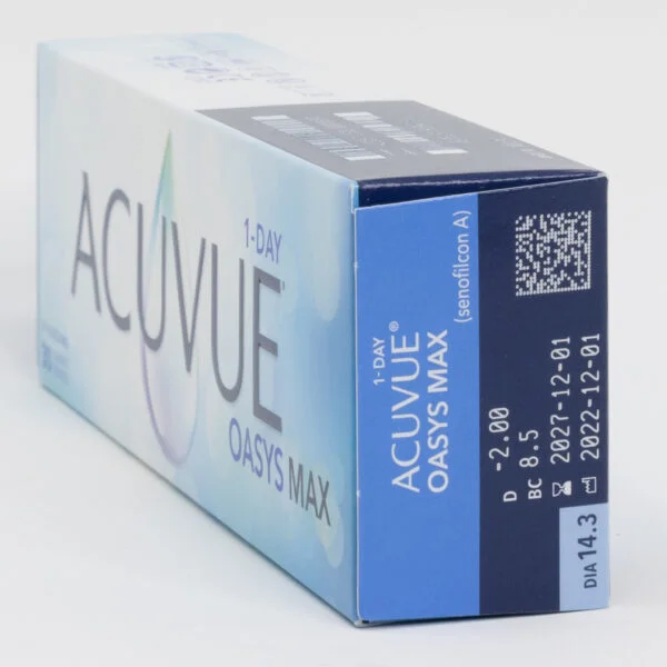 Acuvue OasysMax 30 pack contact lenses, standard sphere power for hyperopia and myopia. Box side view with prescription information.