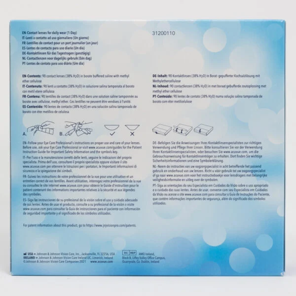 Acuvue oasysmax 90 pack contact lenses, multifocal lenses for presbyopia. Box back view with lens instructions and product information.