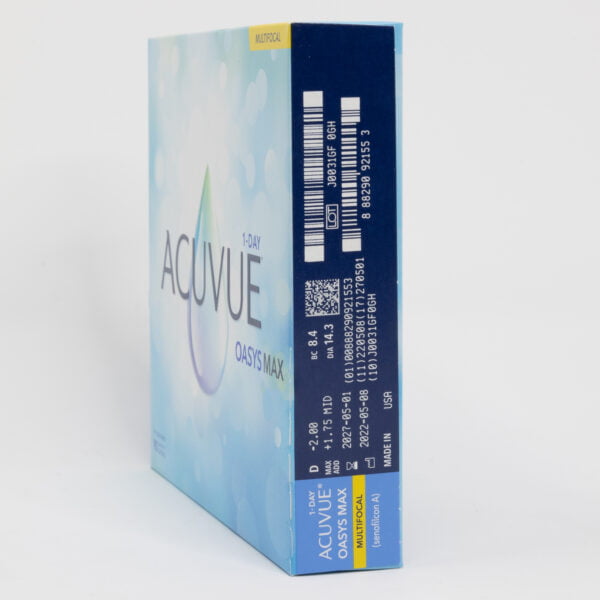 Acuvue oasysmax 90 pack contact lenses, multifocal lenses for presbyopia. Box side view with prescription information.