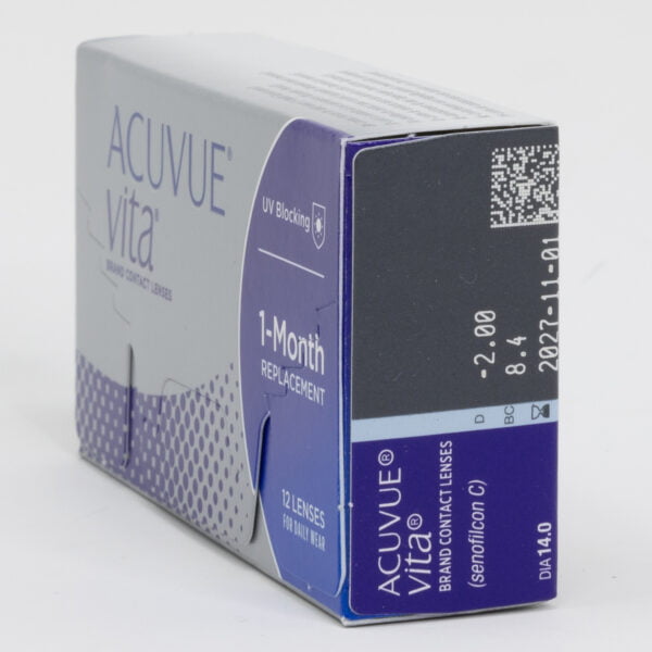 Acuvue vita 1 month replacement 12 pack contact lenses, box side view with prescription information.