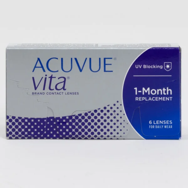 Acuvue Vita 1 Month Replacement 6 pack contact lenses, standard sphere power for hyperopia and myopia.