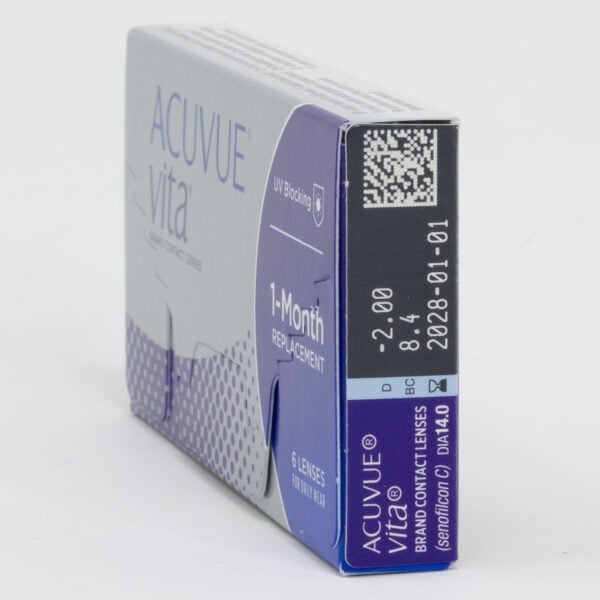 Acuvue vita 1 month replacement 6 pack contact lenses, box side view with prescription information.