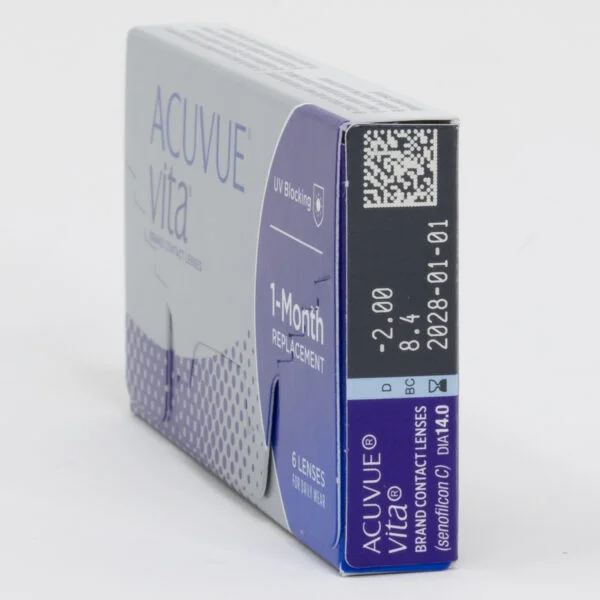 Acuvue Vita 1 Month Replacement 6 pack contact lenses, Box side view with prescription information.