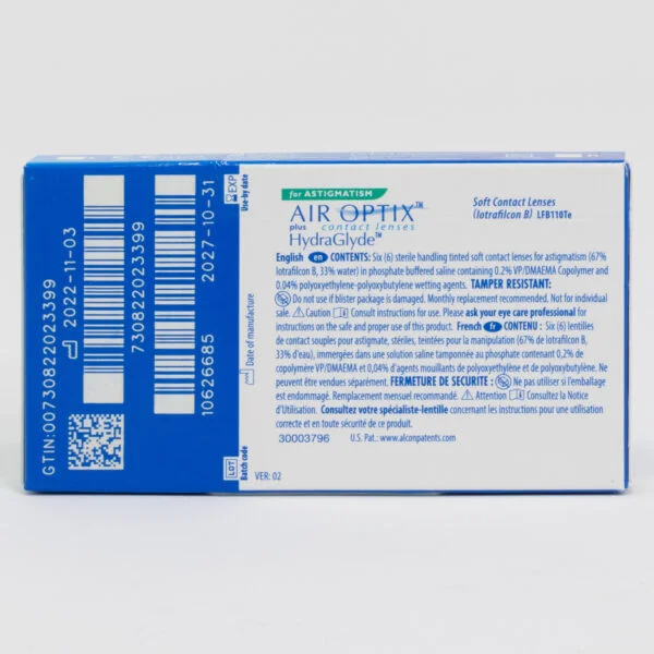 Alcon airoptix 6 pack contact lenses, toric lenses for astigmatism. Box back view with lens instructions and product information.