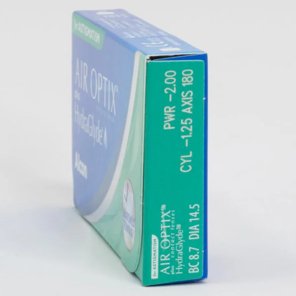 Alcon airoptix 6 pack contact lenses, toric lenses for astigmatism. Box side view with prescription information.