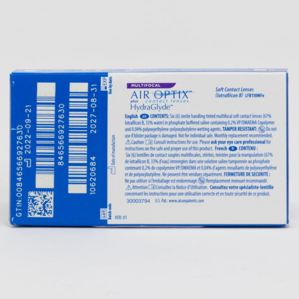 Alcon airoptix 6 pack contact lenses, multifocal lenses for presbyopia. Box back view with lens instructions and product information.