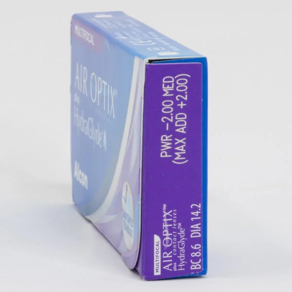 Alcon airoptix 6 pack contact lenses, multifocal lenses for presbyopia. Box side view with prescription information.