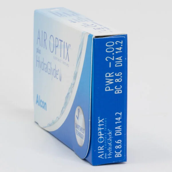 Alcon airoptix 6 pack contact lenses, standard sphere power for hyperopia and myopia. Box side view with prescription information.