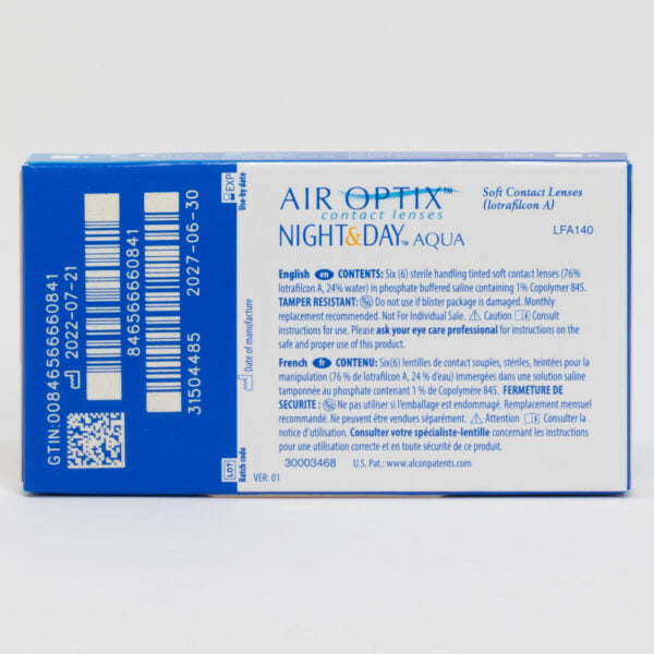 Alcon airoptix night&day 6 pack contact lenses, box back view with lens instructions and product information.