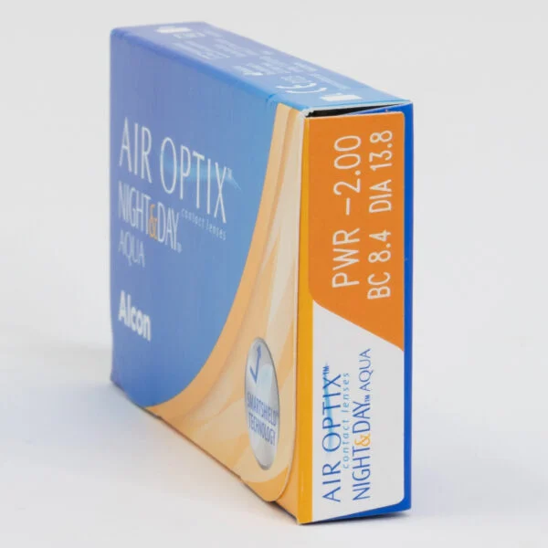 Alcon airoptix night&day 6 pack contact lenses, box side view with prescription information.
