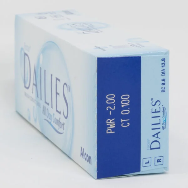 Alcon dailies 30 pack contact lenses, box side view with prescription information.