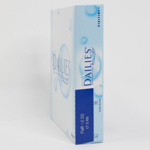 Alcon dailies 90 pack contact lenses, box side view with prescription information.