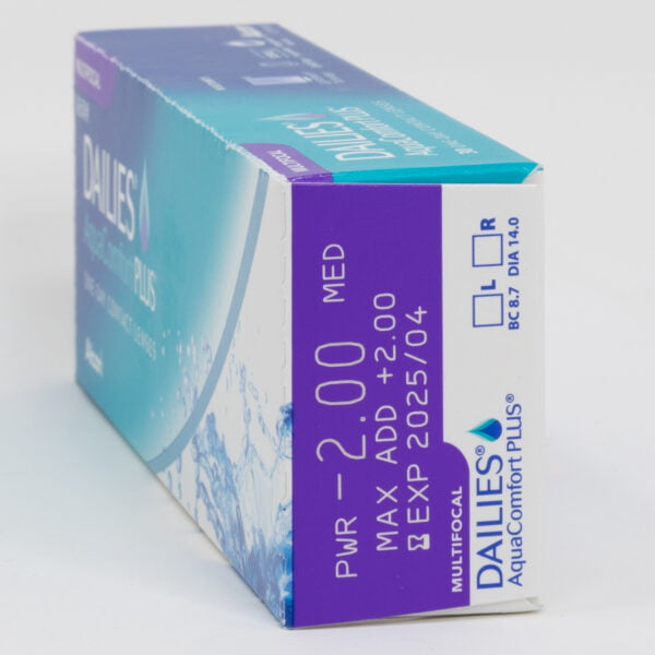 Alcon dailies aquacomfortplus 30 pack contact lenses, multifocal lenses for presbyopia. Box side view with prescription information.