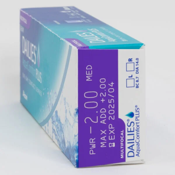 Alcon Dailies AquaComfortPlus 30 pack contact lenses, multifocal lenses for presbyopia. Box side view with prescription information.