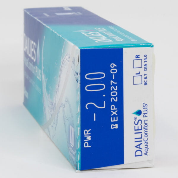 Alcon dailies aquacomfortplus 30 pack contact lenses, standard sphere power for hyperopia and myopia. Box side view with prescription information.