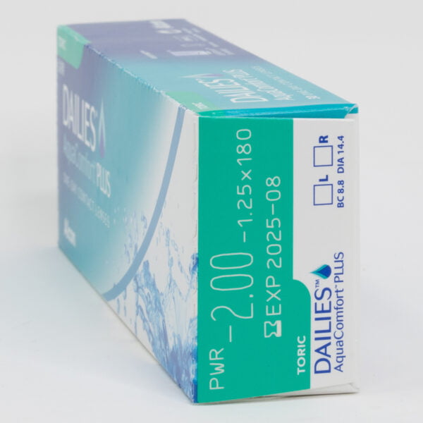 Alcon dailies aquacomfortplus 30 pack contact lenses, toric lenses for astigmatism. Box side view with prescription information.