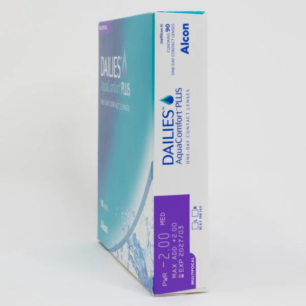Alcon dailies aquacomfortplus 90 pack contact lenses, multifocal lenses for presbyopia. Box side view with prescription information.