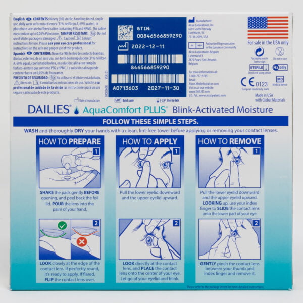 Alcon dailies aquacomfortplus 90 pack contact lenses, standard sphere power for hyperopia and myopia. Box back view with lens instructions and product information.