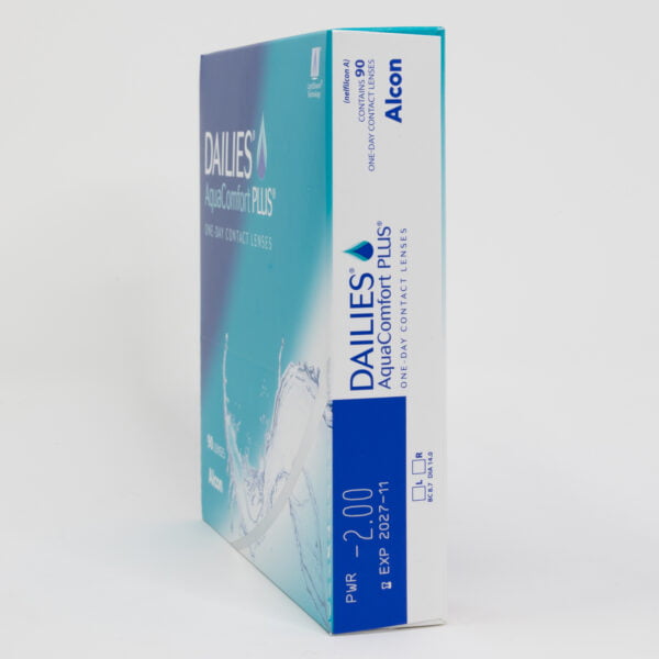 Alcon dailies aquacomfortplus 90 pack contact lenses, standard sphere power for hyperopia and myopia. Box side view with prescription information.