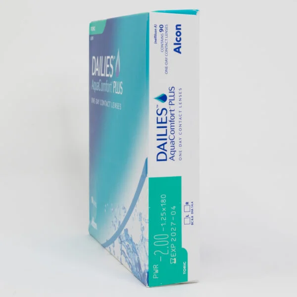 Alcon Dailies AquaComfortPlus 90 pack contact lenses, toric lenses for astigmatism. Box side view with prescription information.