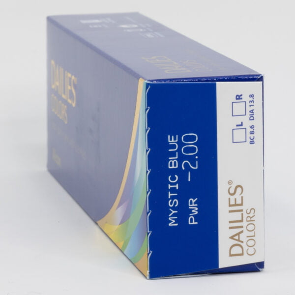 Alcon dailies colors 30 pack contact lenses, box side view with prescription information.