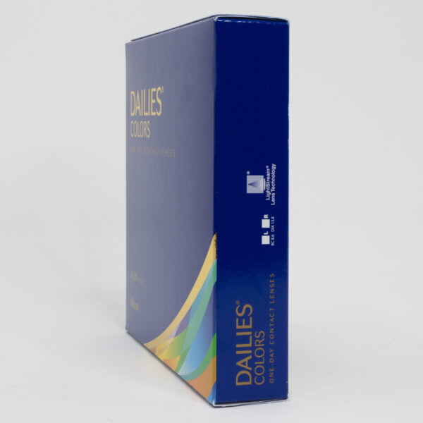 Alcon dailies colors 90 pack contact lenses, box side view with prescription information.