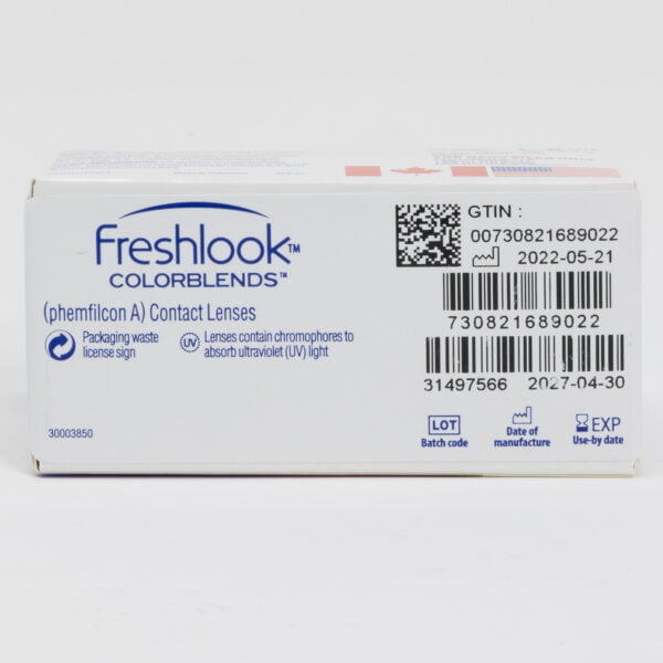 Alcon freshlook colorblends box back view with lens instructions and product information.
