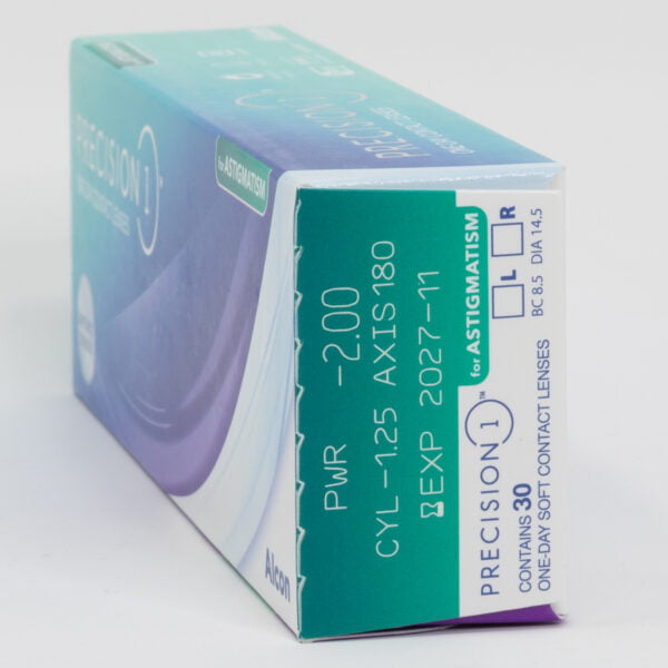 Alcon precision1 30 pack contact lenses, toric lenses for astigmatism. Box side view with prescription information.
