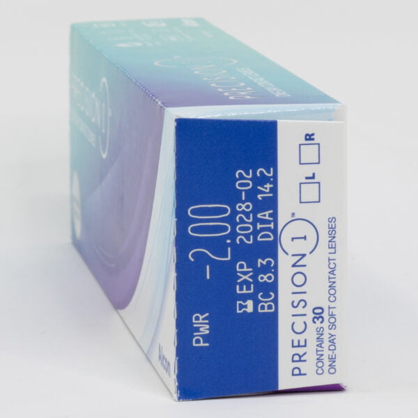 Alcon precision1 30 pack contact lenses, standard sphere power for hyperopia and myopia. Box side view with prescription information.